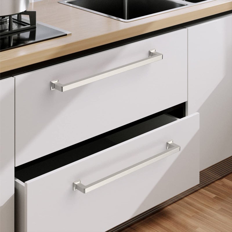 9BUILD مجموعة 9Build من 6 مقابض خزائن بطول 12.6 بوصة، مصنوعة من النيكل المصقول الساتان، مقابض طويلة لخزائن المطبخ، أدوات الخزائن، مقابض للخزائن، مقابض للخزائن - Image 2