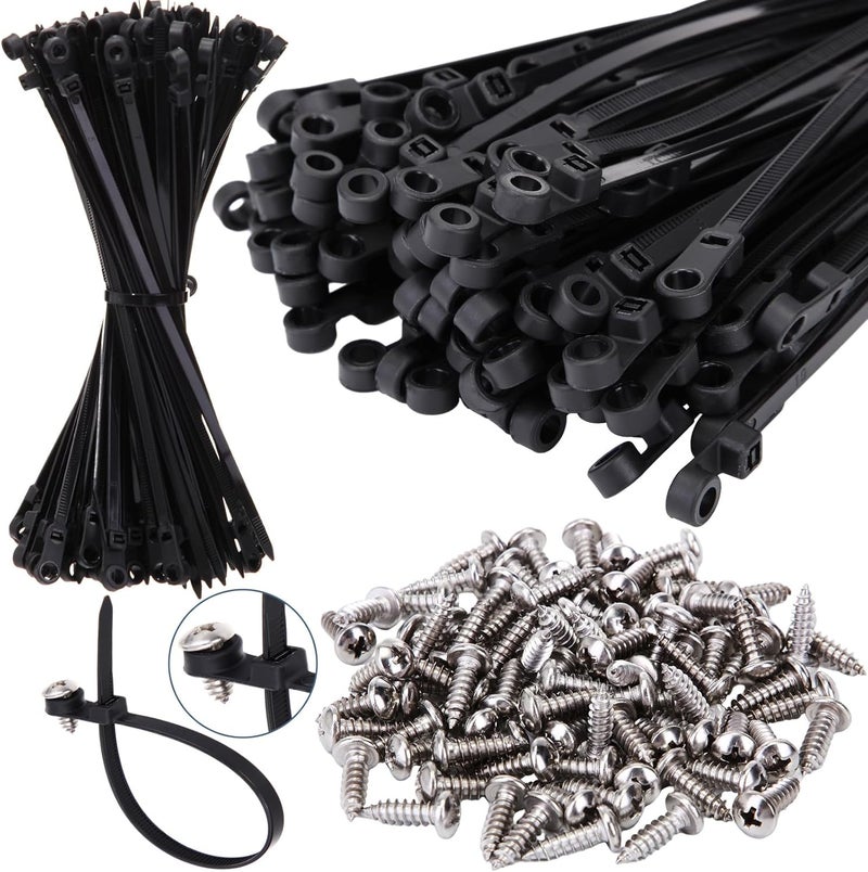 Shappy 100 Pcs Plastic Zip Tie with Screw Hole 75 Inch and 100 Pcs M5 x 8mm Screw Bolt 304 Stainless Steel 50lbs Mountable Head Cable Tie UV Resistant Nylon Cable Ties Black Mount Cable Tie - Image 1