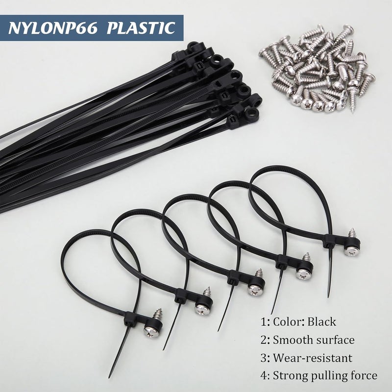 Shappy 100 Pcs Plastic Zip Tie with Screw Hole 75 Inch and 100 Pcs M5 x 8mm Screw Bolt 304 Stainless Steel 50lbs Mountable Head Cable Tie UV Resistant Nylon Cable Ties Black Mount Cable Tie - Image 4