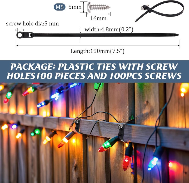 Shappy 100 Pcs Plastic Zip Tie with Screw Hole 75 Inch and 100 Pcs M5 x 8mm Screw Bolt 304 Stainless Steel 50lbs Mountable Head Cable Tie UV Resistant Nylon Cable Ties Black Mount Cable Tie - Image 2