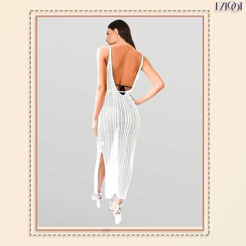 EZLOOT Women’s Crochet V-Neck Open Vest Beach Cover Up Knitted Long Dress (WHITE) - Image 4