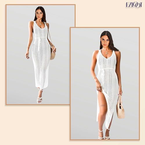 EZLOOT Women’s Crochet V-Neck Open Vest Beach Cover Up Knitted Long Dress (WHITE) - Image 3