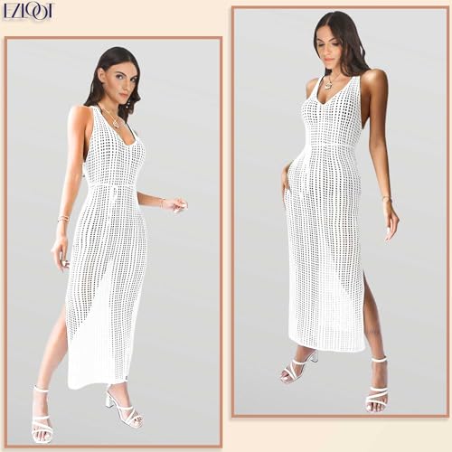 EZLOOT Women’s Crochet V-Neck Open Vest Beach Cover Up Knitted Long Dress (WHITE) - Image 2