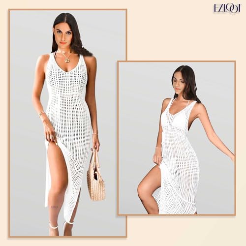 EZLOOT Women’s Crochet V-Neck Open Vest Beach Cover Up Knitted Long Dress (WHITE) - Image 5