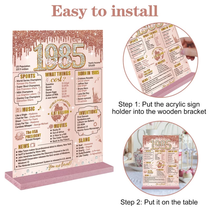 Bumqviy Happy 40th Birthday Decorations Back in 1985 Table Sign for Women  Pink Rose Gold 40 & Fabulous Birthday Two-Sided Wooden Poster with Stand  Forty Year Old Birthday Gift Party Supplies - Image 3