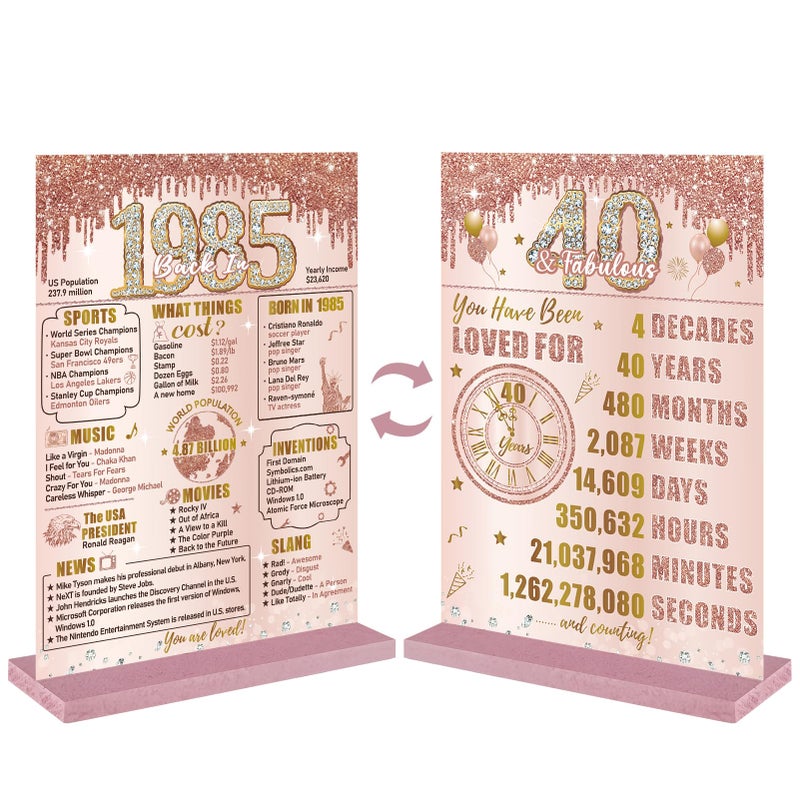 Bumqviy Happy 40th Birthday Decorations Back in 1985 Table Sign for Women  Pink Rose Gold 40 & Fabulous Birthday Two-Sided Wooden Poster with Stand  Forty Year Old Birthday Gift Party Supplies - Image 1