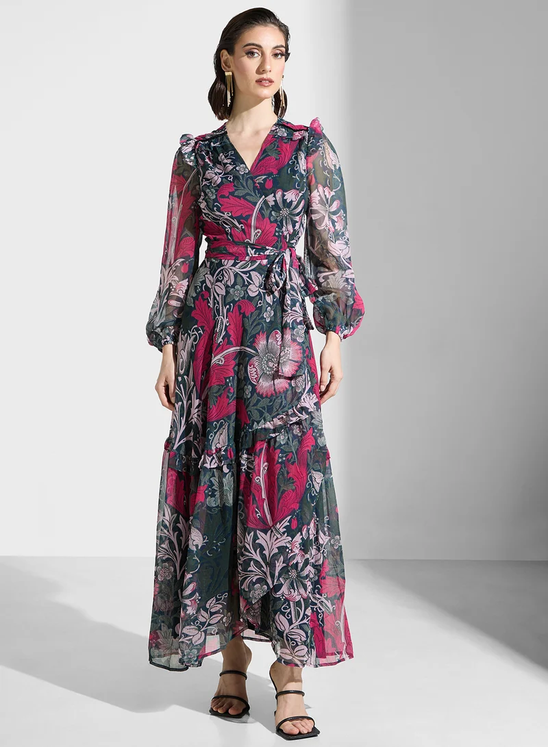 هوب اند ايفي Printed V-Neck Balloon Sleeve  Dress