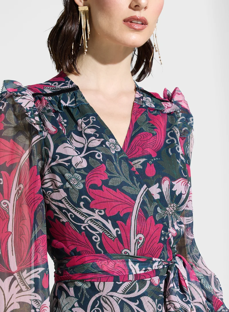 هوب اند ايفي Printed V-Neck Balloon Sleeve  Dress