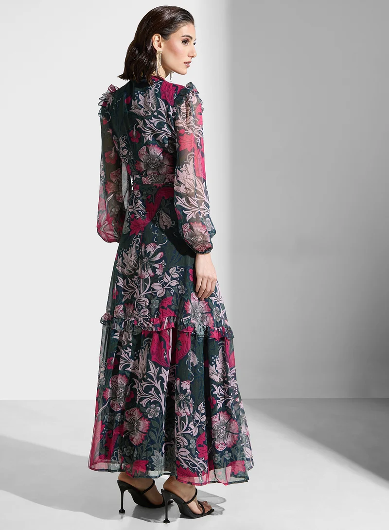 هوب اند ايفي Printed V-Neck Balloon Sleeve  Dress