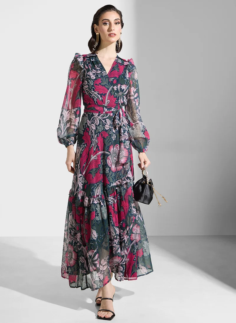 هوب اند ايفي Printed V-Neck Balloon Sleeve  Dress