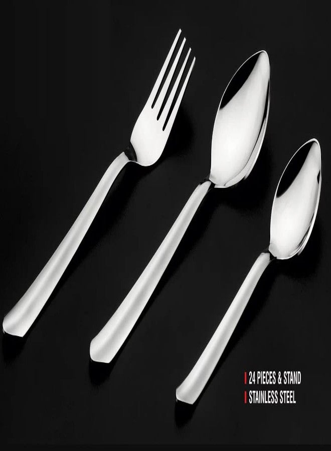 SQUICKLE 24 pcs Stainless Steel Cutlery Set, 6 Dinner Spoons, 6 Dinner Forks, 6 Dessert Spoons, and 6 Tea Spoons, Cutlery Set with Stand - Silver - Image 4