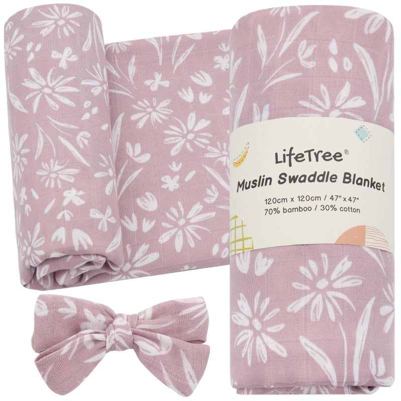 LifeTree Baby Swaddle Blanket and Bow Set, Mauve Floral Muslin Newborn Swaddle Set with Matching Headband Bow, Infant Receiving Blanket Wrap, 47 x 47 inches, 70% Viscose from Bamboo and 30% Cotton - Image 1