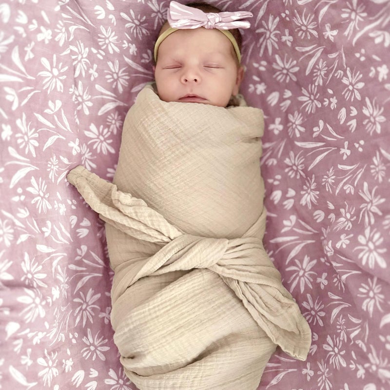 LifeTree Baby Swaddle Blanket and Bow Set, Mauve Floral Muslin Newborn Swaddle Set with Matching Headband Bow, Infant Receiving Blanket Wrap, 47 x 47 inches, 70% Viscose from Bamboo and 30% Cotton - Image 2