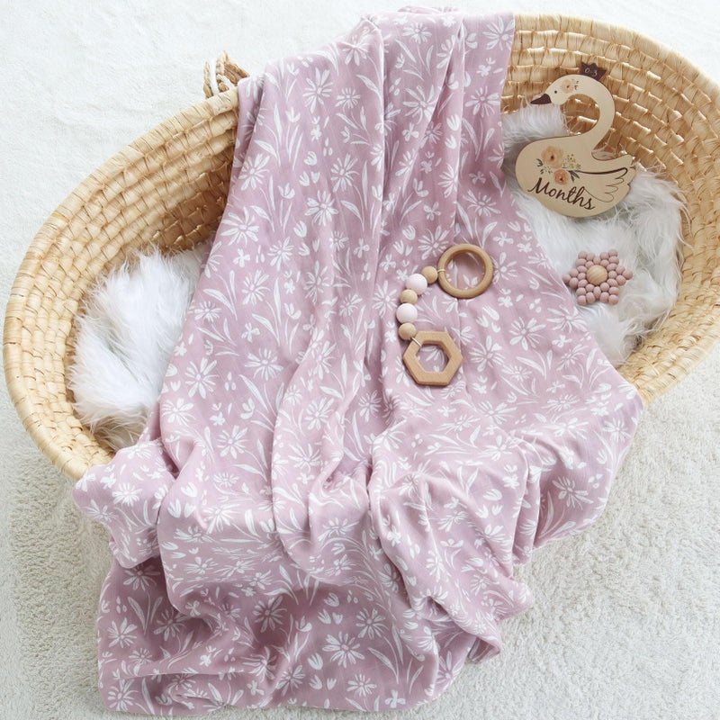LifeTree Baby Swaddle Blanket and Bow Set, Mauve Floral Muslin Newborn Swaddle Set with Matching Headband Bow, Infant Receiving Blanket Wrap, 47 x 47 inches, 70% Viscose from Bamboo and 30% Cotton - Image 5