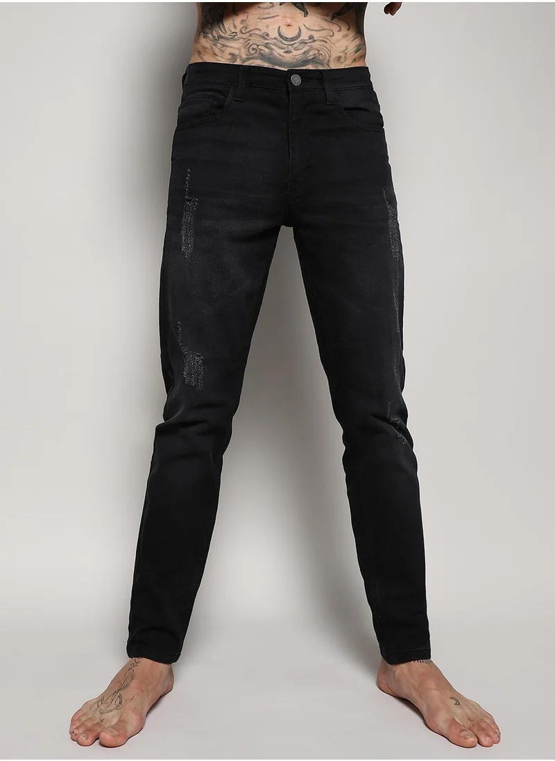 Campus Sutra Men's Black Minimal Distressed Denim Jeans