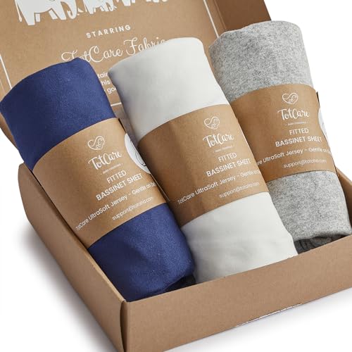 TotCare Bassinet Sheets 20x30 Inch for Graco Travel Lite Crib, Sense2Snooze, My View 4 in 1, Dream Suite and Guava Bassinet - Buttery Soft, Premium Stretchy Jersey Sheets, Navy + Grey + Cloud, 3 Pack - Image 1