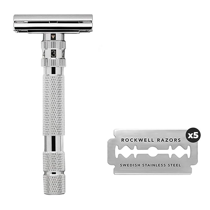 ROCKWELL RAZORS T2 Long Handle Safety Razor with Infinite Shaving Settings 5 Blades and Travel Leather Bag White Chrome