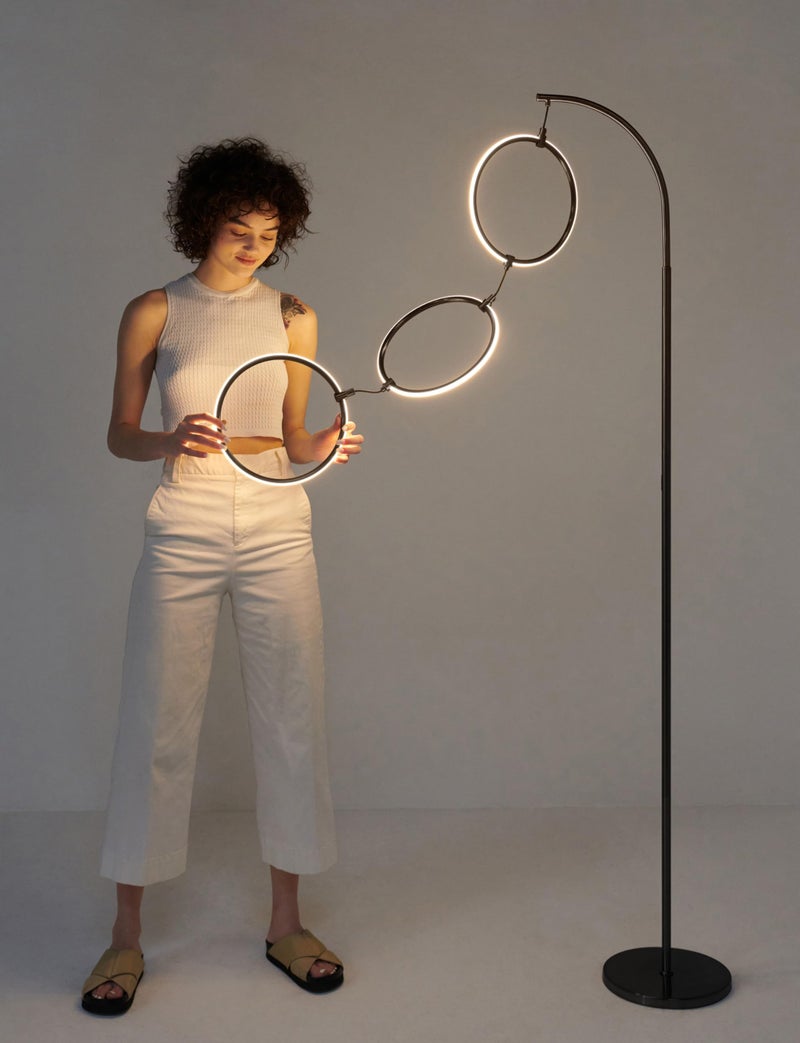 Brightech Nova Modern Floor Lamp Matches Living Room DÃ©cor - Contemporary Arc Tall Lamp with 3-Circle Ring-Style Pendant - Over The Couch Standing on Arching Pole - Eclectic- Black - Image 2