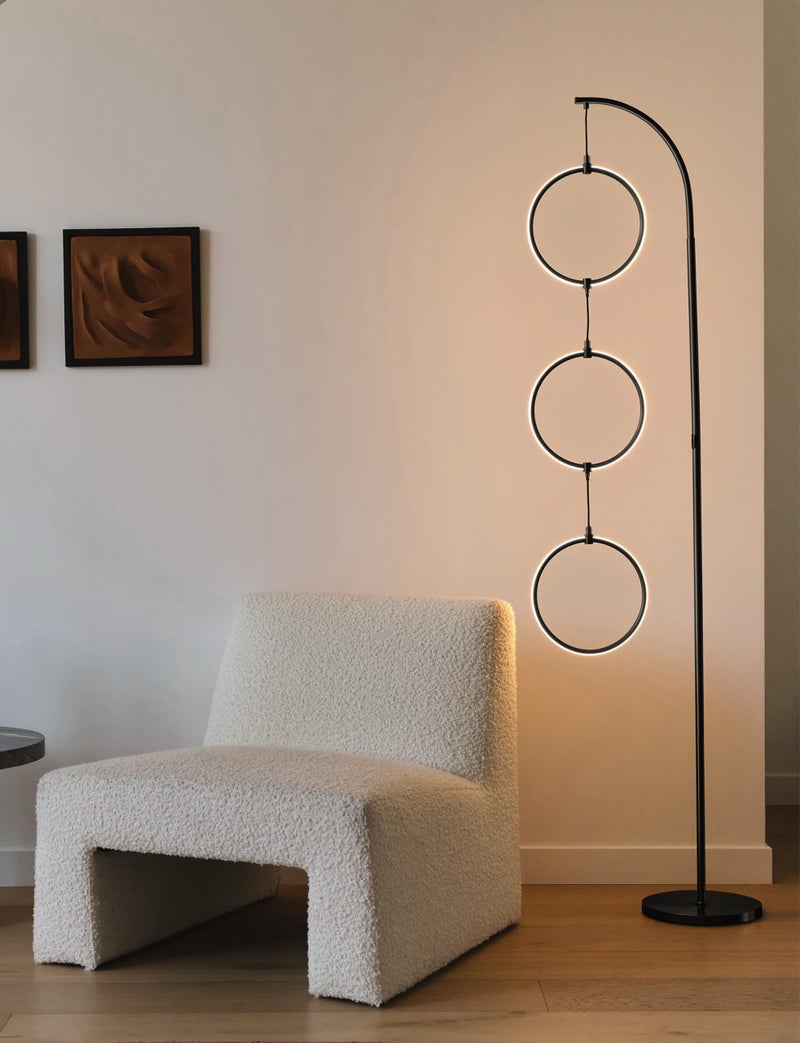Brightech Nova Modern Floor Lamp Matches Living Room DÃ©cor - Contemporary Arc Tall Lamp with 3-Circle Ring-Style Pendant - Over The Couch Standing on Arching Pole - Eclectic- Black - Image 5