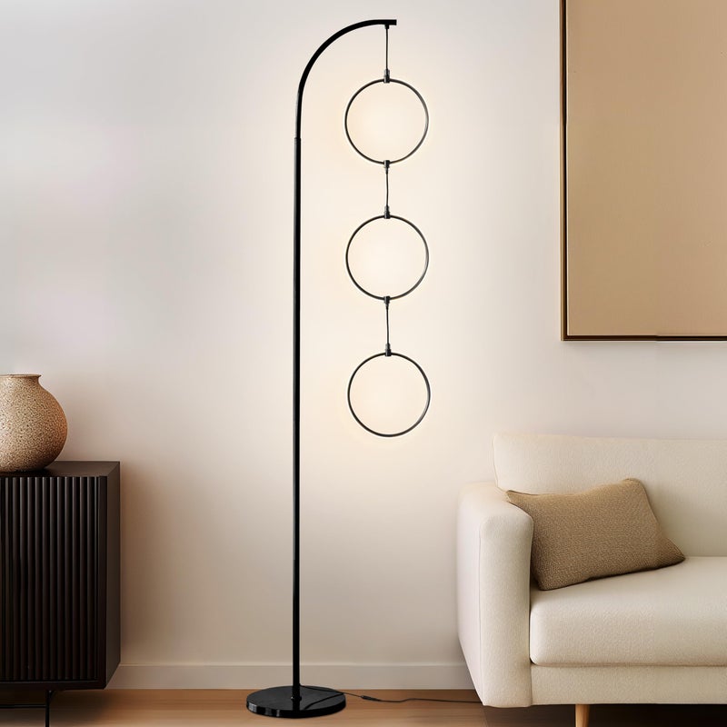 Brightech Nova Modern Floor Lamp Matches Living Room DÃ©cor - Contemporary Arc Tall Lamp with 3-Circle Ring-Style Pendant - Over The Couch Standing on Arching Pole - Eclectic- Black - Image 1