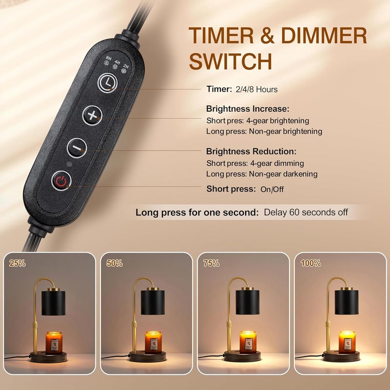 CASTLELIFE Candle Warmer Lamp with Timer & Dimmer, Height Adjustable Electric Wax Melt Warmer for Jar Candles, Gifts for Mom Home Decor, Black Gold - Image 3