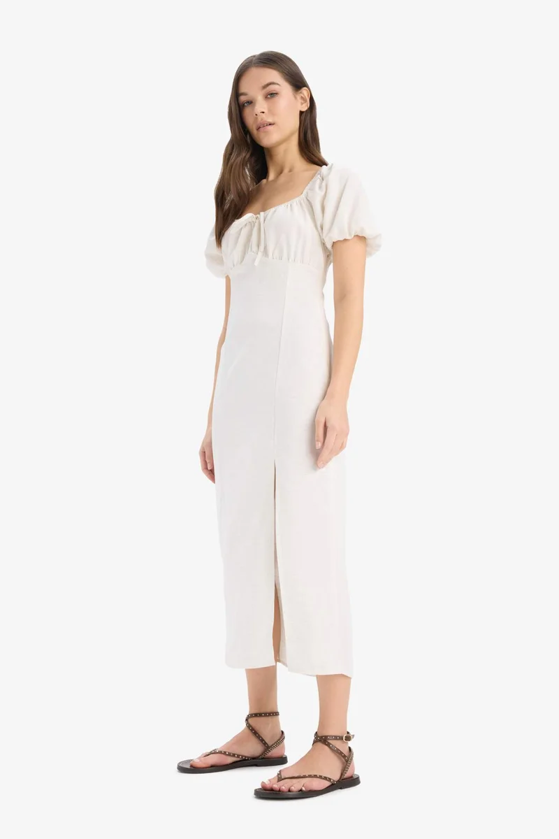 ديفاكتو V-Neck Linen Blended Midi Dress
