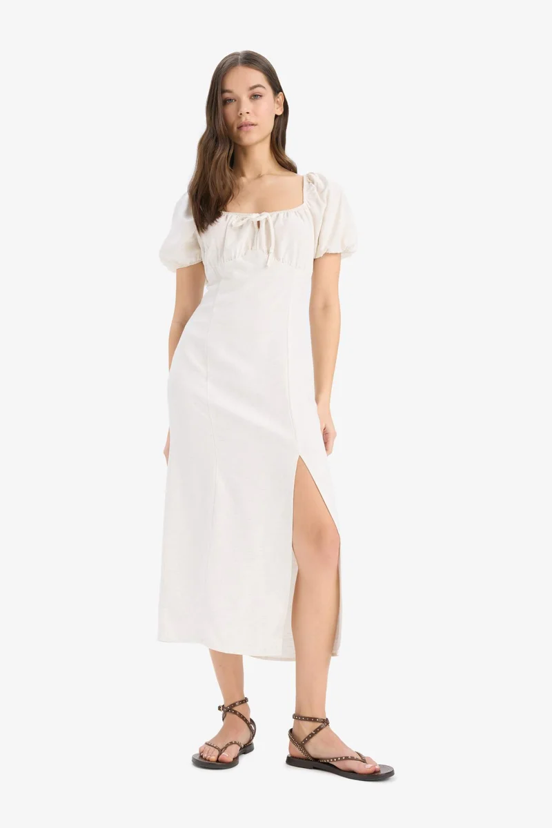 ديفاكتو V-Neck Linen Blended Midi Dress