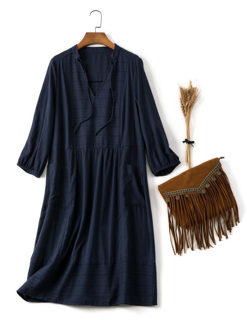 Lafural Womens V Neck Cotton Casual Loose Shift Tunic Smock Summer Dresses Vacation Dress 3/4 Sleeve Pocket Navy 2XL - Image 3