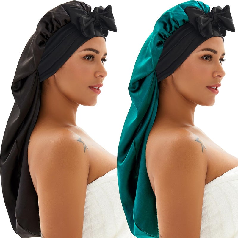 Wzl Wlg 2 Pcs Silk Bonnet for Sleeping Braid Satin Bonnet with Tie Band Sleep Cap for Women Men Long Curly Hair Braids Black 2 PcsBlack Teal