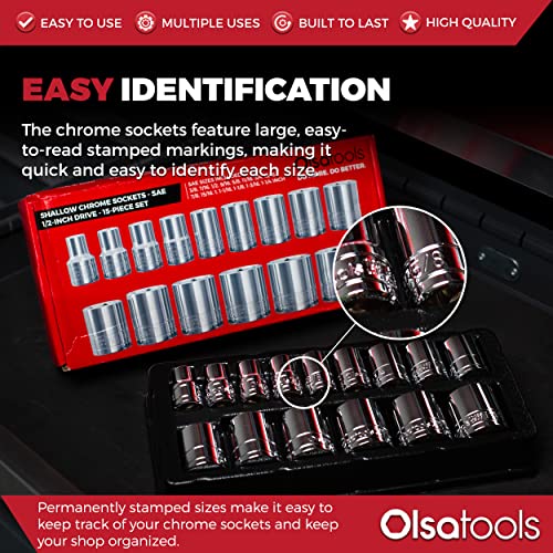Olsa Tools SAE Shallow Socket Set - 1/2-Inch Drive, 18pc - 6-Point Chrome Sockets 3/8" to 1-1/4" and No Skipped Sizes - Mechanic Shallow SAE Socket Set - Professional Grade Sockets - Part: 1324 - Image 3