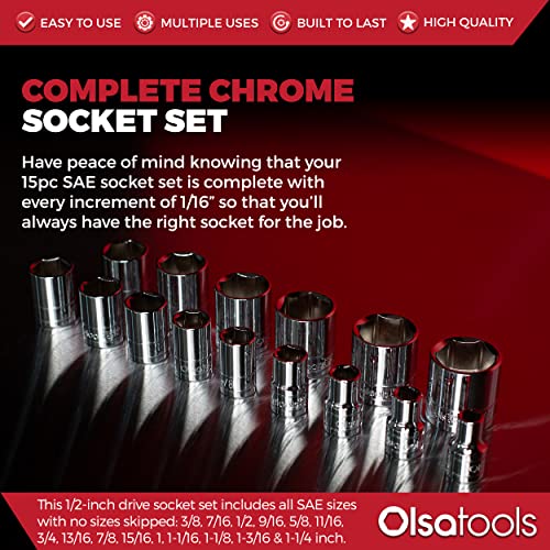 Olsa Tools SAE Shallow Socket Set - 1/2-Inch Drive, 18pc - 6-Point Chrome Sockets 3/8" to 1-1/4" and No Skipped Sizes - Mechanic Shallow SAE Socket Set - Professional Grade Sockets - Part: 1324 - Image 2