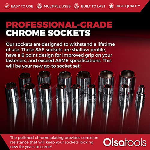 Olsa Tools SAE Shallow Socket Set - 1/2-Inch Drive, 18pc - 6-Point Chrome Sockets 3/8" to 1-1/4" and No Skipped Sizes - Mechanic Shallow SAE Socket Set - Professional Grade Sockets - Part: 1324 - Image 5