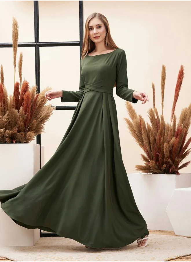 Mish Solid Criss Cross Detail Maxi Dress with Full Sleeves