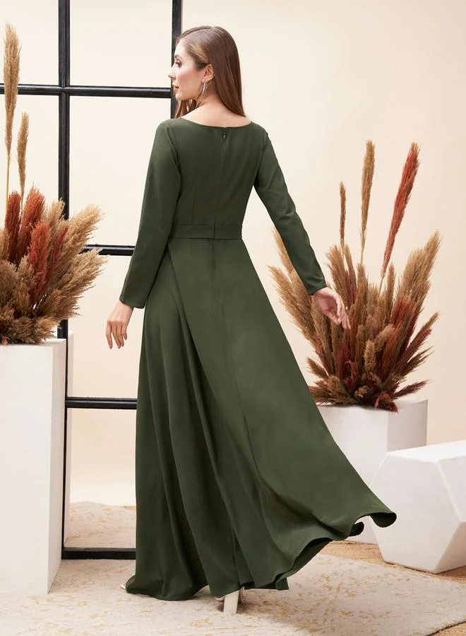 Mish Solid Criss Cross Detail Maxi Dress with Full Sleeves by Styli