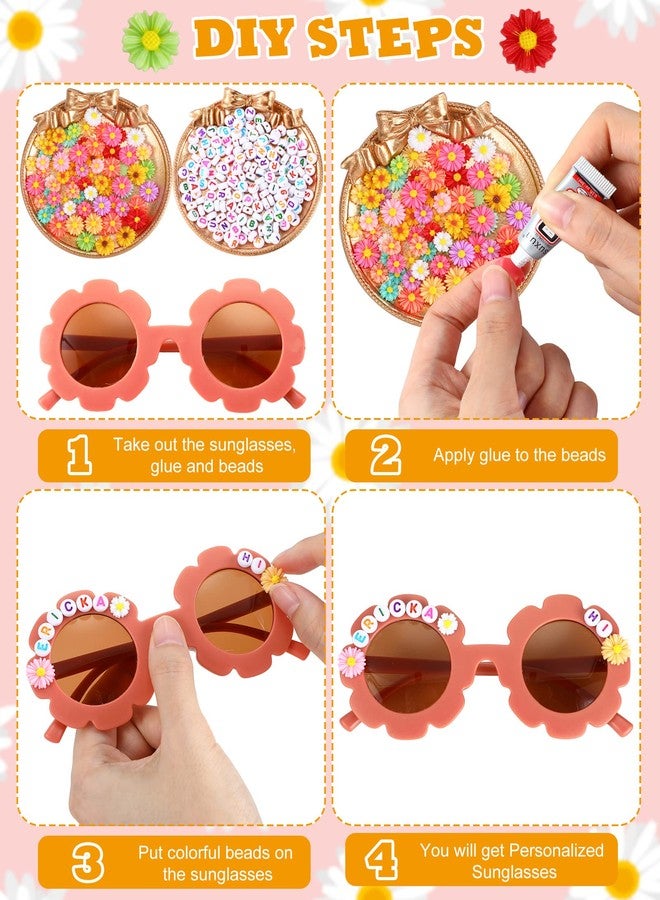سندير نظارات شمسية دائرية مزينة بالزهور من سندير، ٢٤ زوجًا، للأطفال، بتصميم بوهيمي أنيق، تتضمن ١٠٠ قطعة من خرزات على شكل زهرة الأقحوان، و٤١٦ خرزة على شكل حروف، وغراء، هدية مثالية لحفلات البنات. - Image 4