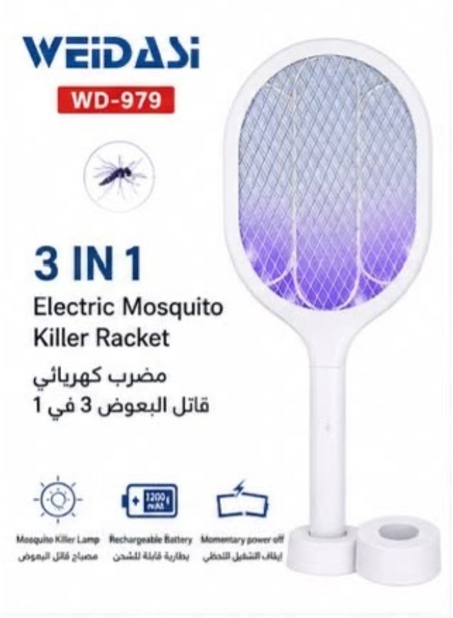 ويداسي مضرب ناموس كهربائي WEIDASI WD-979 قابل لإعادة الشحن 3 في 1 | شحن USB | مصباح قاتل للبعوض | قاعدة تثبيت | بطارية 1200 مللي أمبير | صاعق حشرات عالي الجهد | مناسب للمنزل والحديقة - Image 2