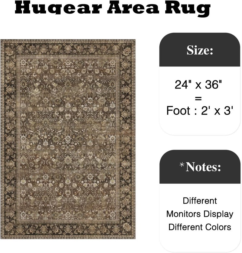 HUGEAR 2x3 Small Rug Machine Washable Area Rug Brown Entryway Rugs Entrance Door Mat Indoor Accent Rugs Floral Low Pile Carpet Distressed Throw Rug Kitchen Bedroom Office Non Slip - Image 2