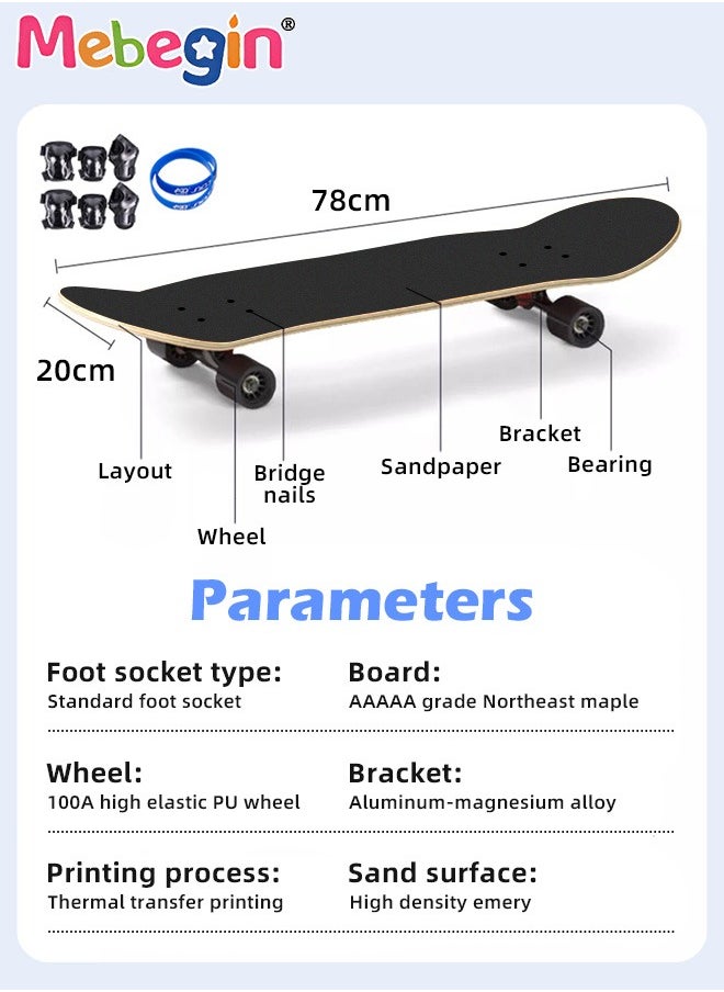 MEBEGIN - 78*20cm Skateboard Set with Storage Bag and 6PCS Protect Gear, 7-ply Maple Deck Skate Board with Durable Deck and Smooth Wheels, Easy to Ride and Stop, Suitable for All Types of People - Image 1