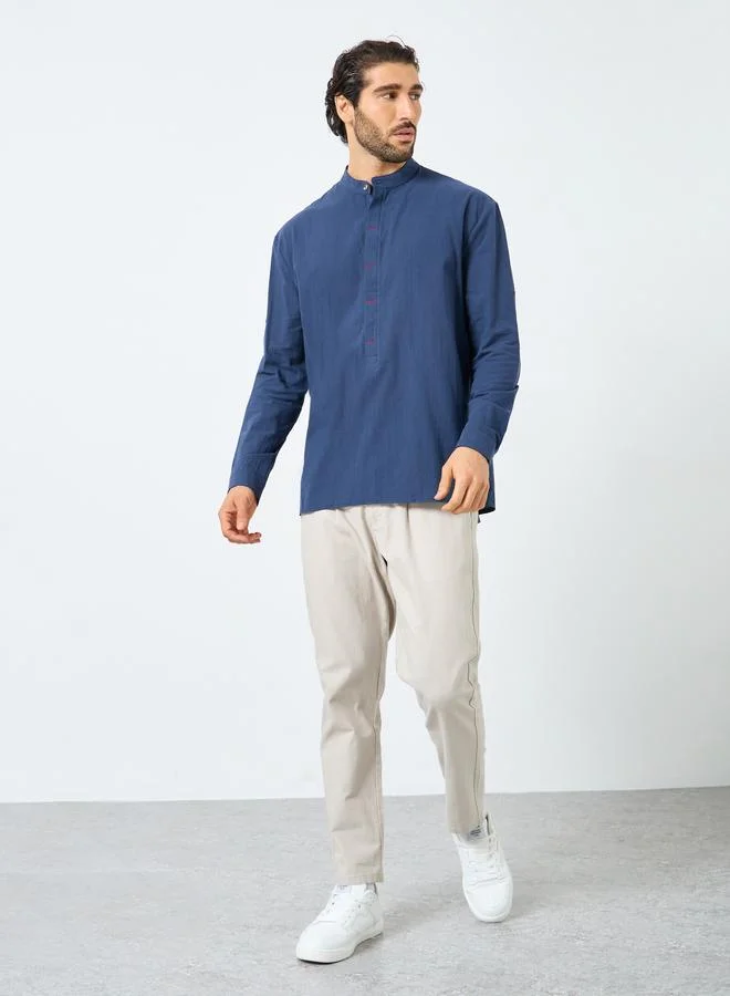 Styli Men Mandarin Collar Half Placket Regular Fit Shirt