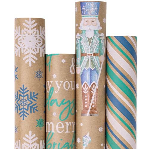 RUSPEPA Christmas Kraft Wrapping Paper Nutcracker Soldier Snowflake Stripe and Text Design 4 Rolls 30 inches x 10 feet per Roll - Image 1