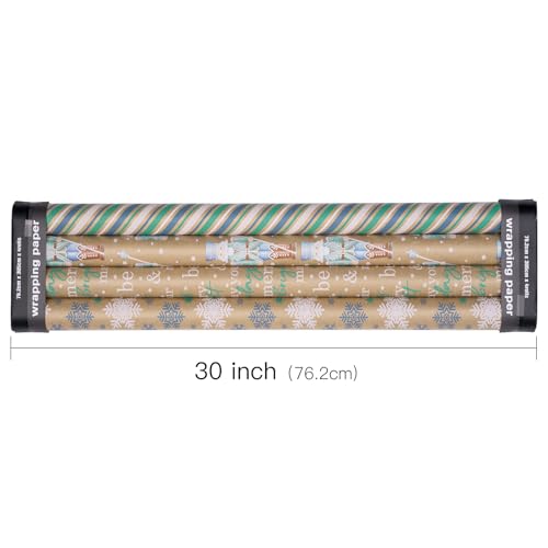 RUSPEPA Christmas Kraft Wrapping Paper Nutcracker Soldier Snowflake Stripe and Text Design 4 Rolls 30 inches x 10 feet per Roll - Image 3