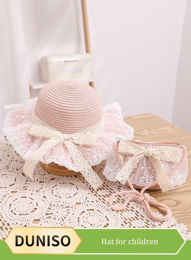 DUNISO طقم قبعة شمسية مع حقيبة كتف مكون من 2 قطعة، قبعة شمسية ذات حواف عريضة، قبعة حماية من الشمس، طقم حقيبة قبعة صيفية للفتيات، مناسب للشاطئ، الحفلات، السفر، مناسب للفتيات والأطفال - Image 1