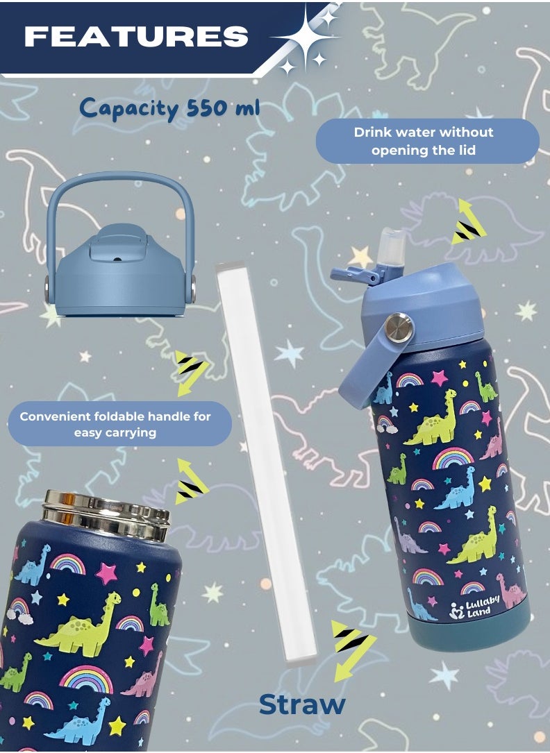Lullaby Land - 550ml Stainless Steel Water Bottle for Kids, Stay Hydrated with Kids Water Bottle for School, No Leak Bpa Free Dinosaur Blue Water Bottle for Boys, Insulated Water Bottle Kids with Straw - Image 1