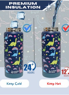 Lullaby Land 550ml Stainless Steel Water Bottle for Kids, Stay Hydrated with Kids Water Bottle for School, No Leak Bpa Free Dinosaur Blue Water Bottle for Boys, Insulated Water Bottle Kids with Straw  - Image 3