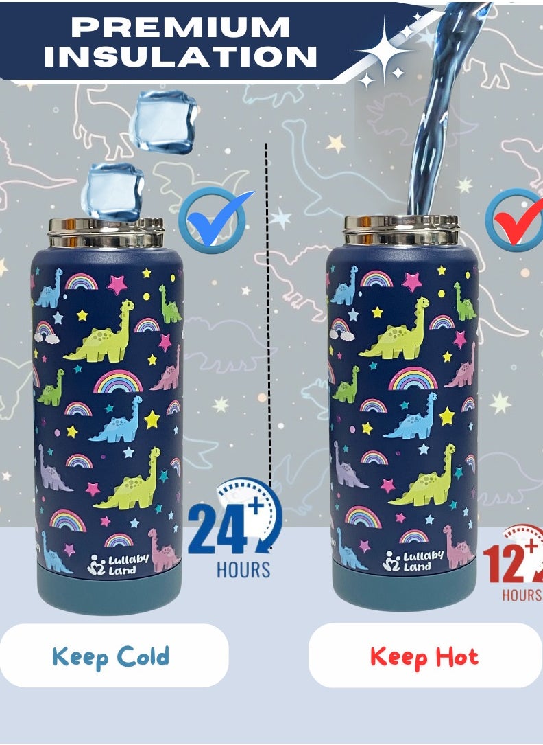 Lullaby Land - 550ml Stainless Steel Water Bottle for Kids, Stay Hydrated with Kids Water Bottle for School, No Leak Bpa Free Dinosaur Blue Water Bottle for Boys, Insulated Water Bottle Kids with Straw - Image 1