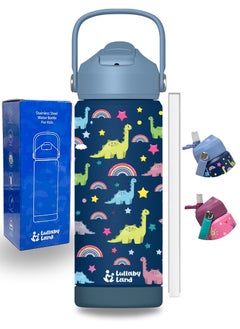 Lullaby Land 550ml Stainless Steel Water Bottle for Kids, Stay Hydrated with Kids Water Bottle for School, No Leak Bpa Free Dinosaur Blue Water Bottle for Boys, Insulated Water Bottle Kids with Straw  - Image 1