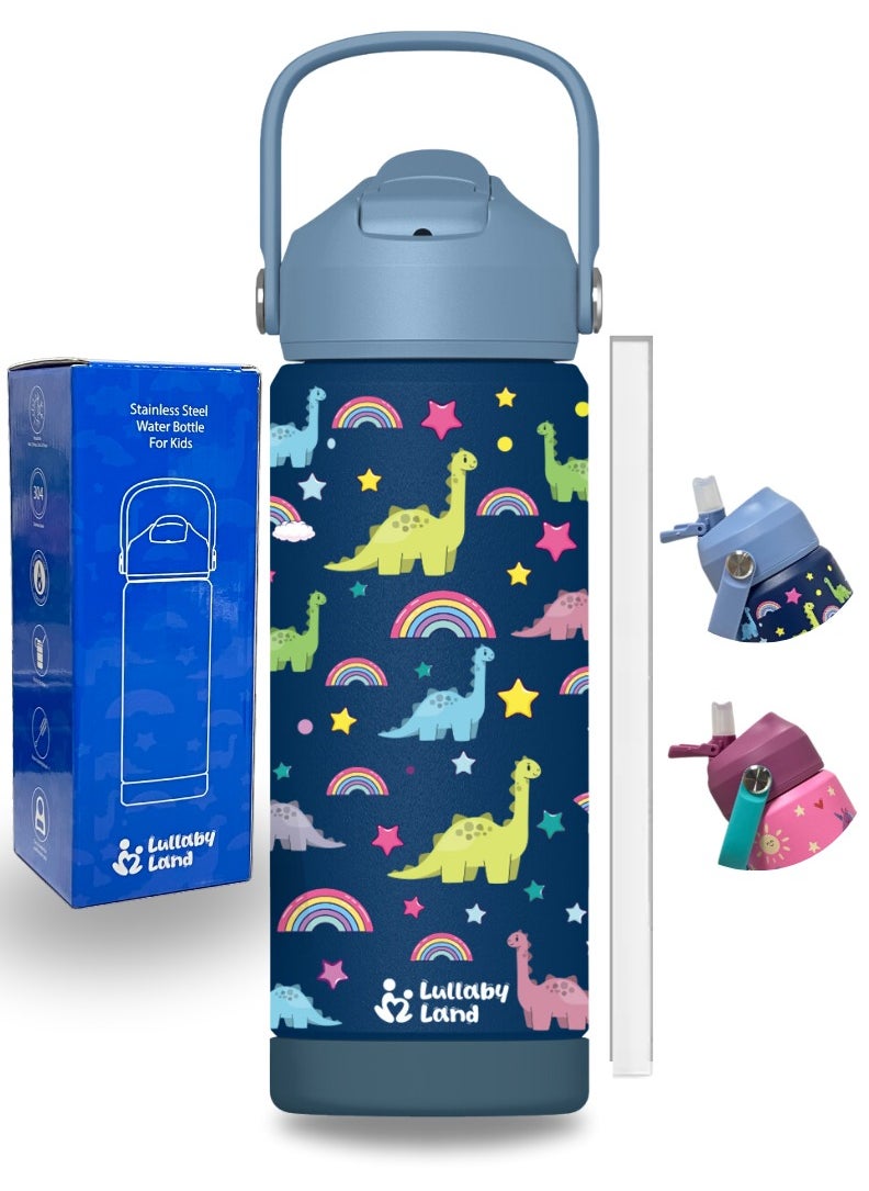 Lullaby Land - 550ml Stainless Steel Water Bottle for Kids, Stay Hydrated with Kids Water Bottle for School, No Leak Bpa Free Dinosaur Blue Water Bottle for Boys, Insulated Water Bottle Kids with Straw - Image 1