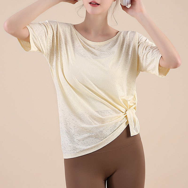 Generic Summer New Style Mesh Yoga Suit Quick-drying Breathable Loose Slimming Short-sleeved Sports Blouse Yoga Top Fitness Suit Goose yellow flower network 