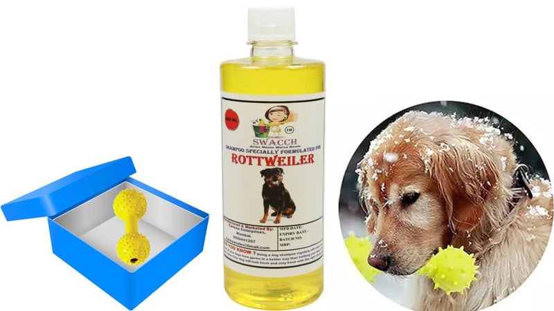 swacch Rottweiler Dog Shampoo + Dumbbell Toy I Durable Rubber Dog Toy for Chewing I Playing,Teeth Cleaning & Training Toy I Combo Pack I 500ml Lemon - Image 1