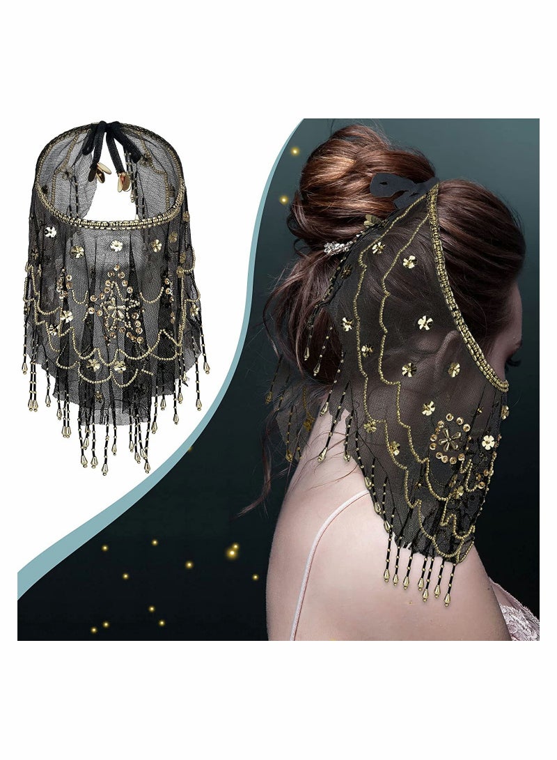 Elegant Women's Belly Dance Face Veil with Beads and Sequins for Performance - Image 3